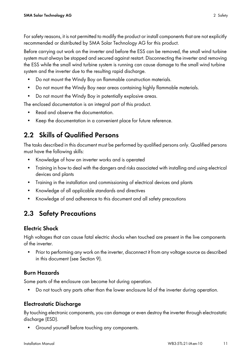 2 skills of qualified persons, 3 safety precautions | SMA WB 3000-21 Installation User Manual | Page 11 / 92
