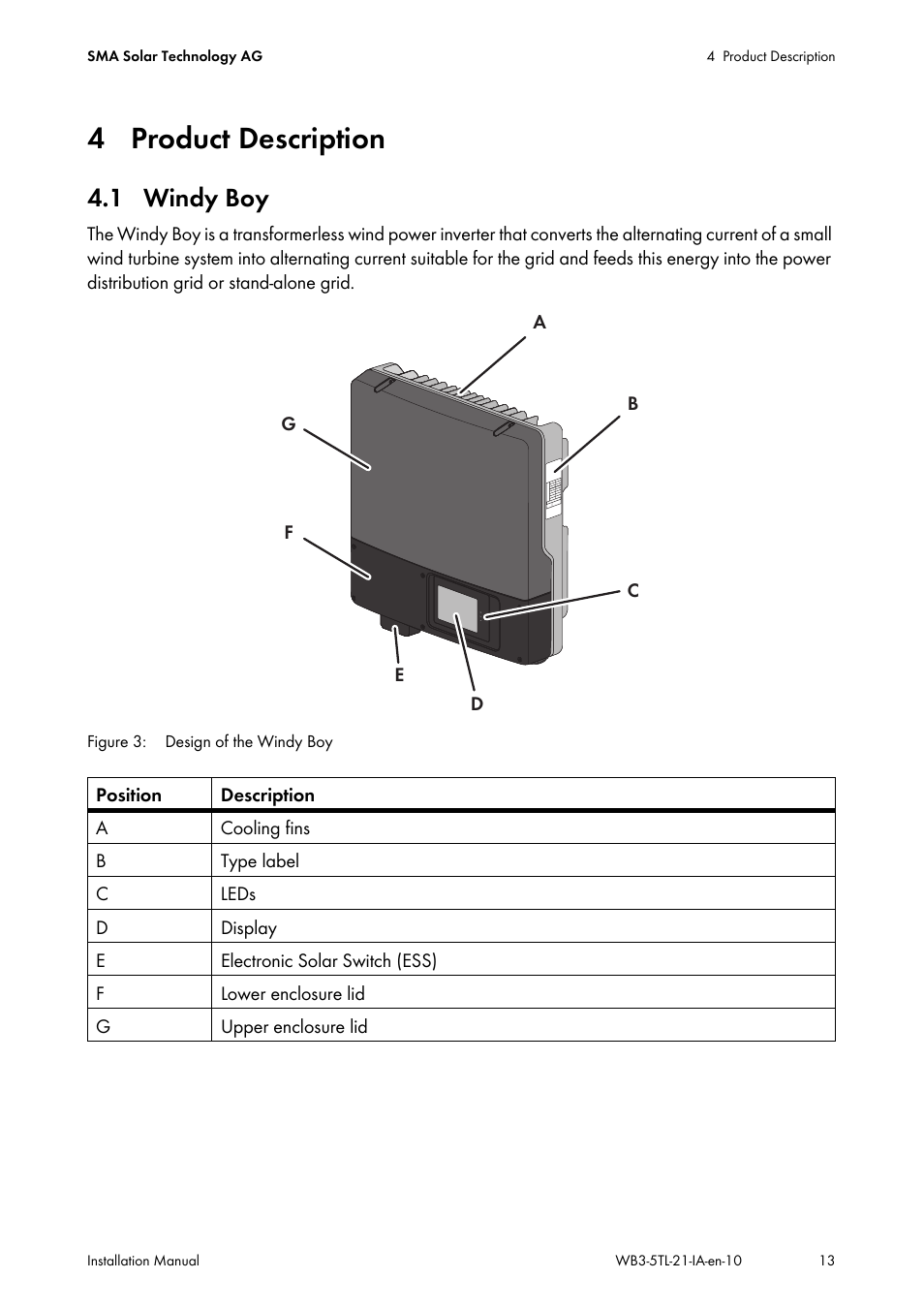 4 product description, 1 windy boy | SMA WB 3000-21 Installation User Manual | Page 13 / 92