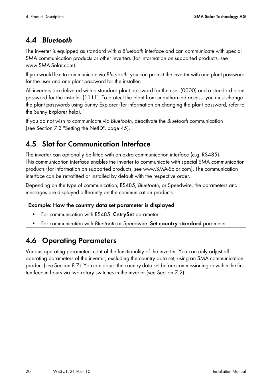 4 bluetooth, 5 slot for communication interface, 6 operating parameters | 4 bl | SMA WB 3000-21 Installation User Manual | Page 20 / 92