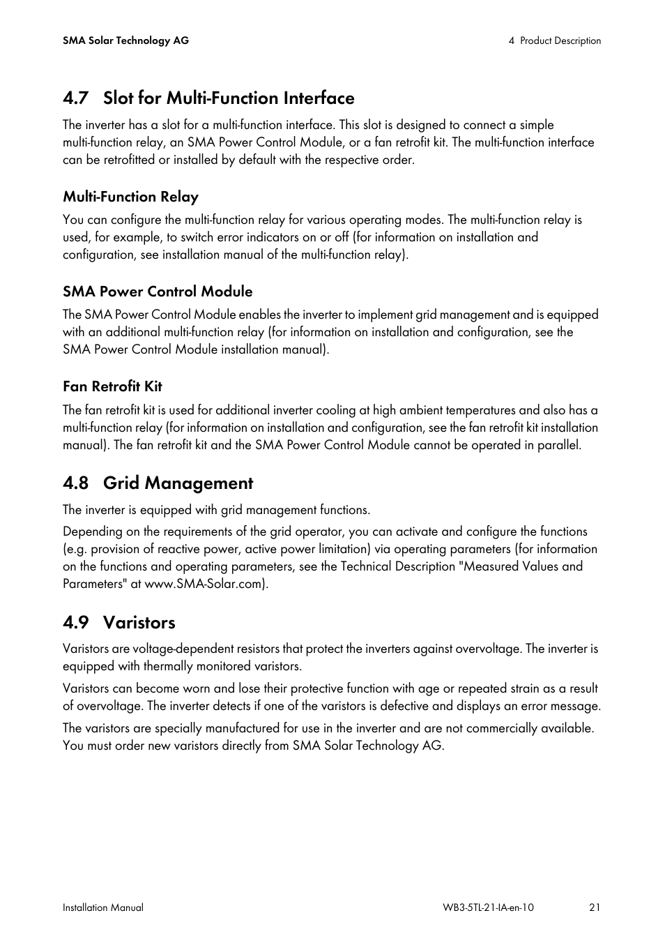 7 slot for multi-function interface, 8 grid management, 9 varistors | SMA WB 3000-21 Installation User Manual | Page 21 / 92