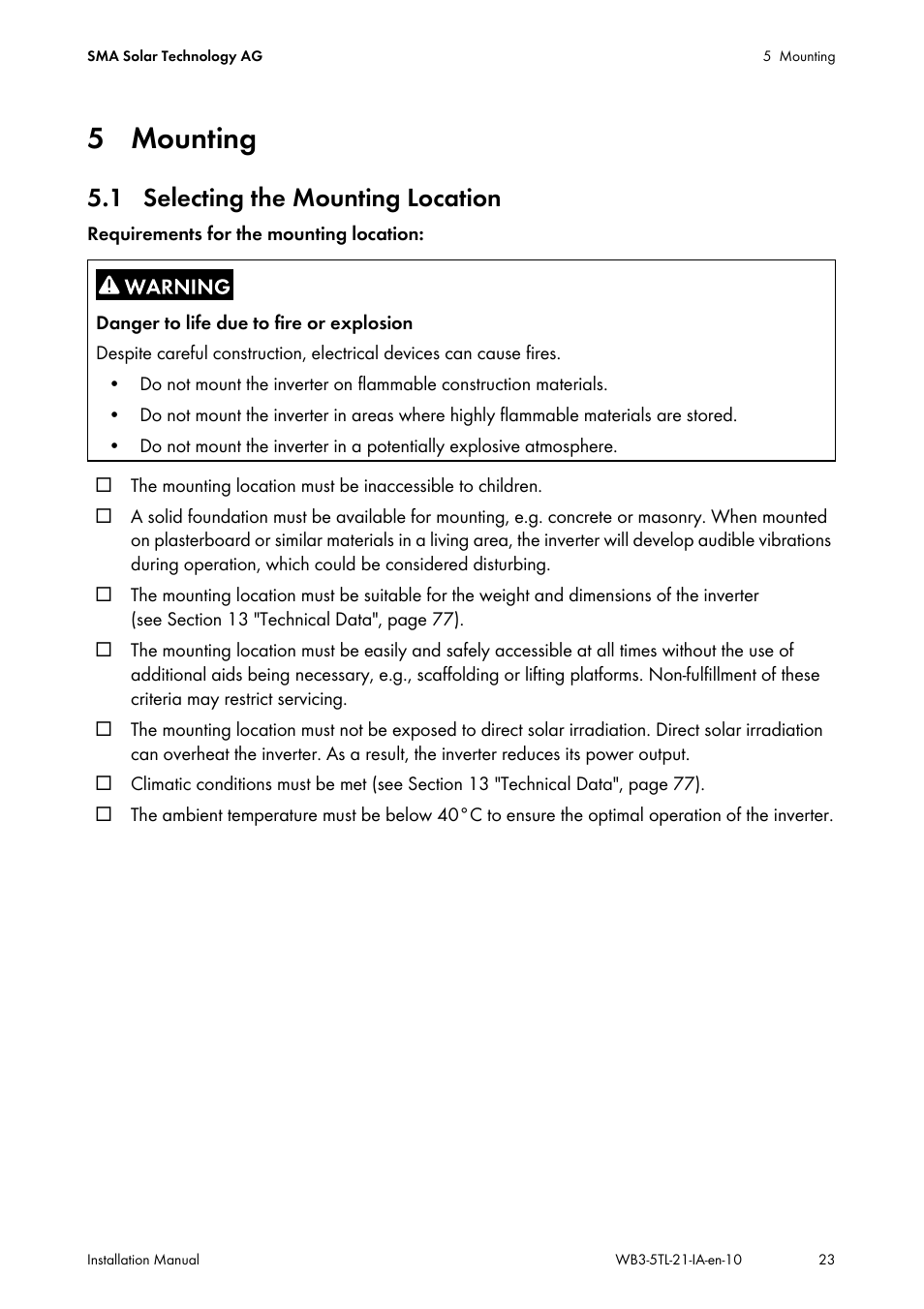 5 mounting, 1 selecting the mounting location | SMA WB 3000-21 Installation User Manual | Page 23 / 92