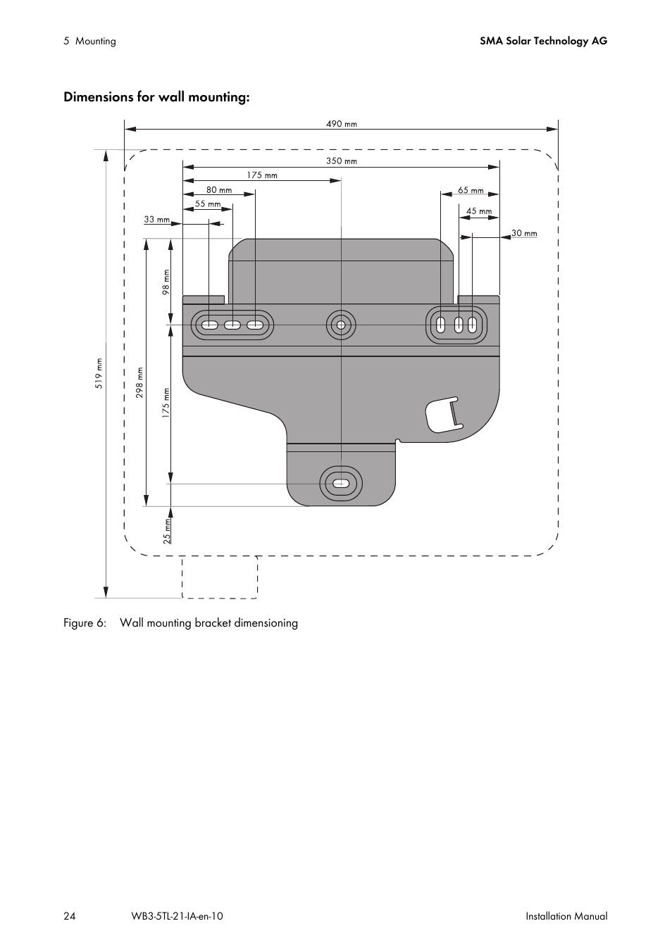 Dimensions for wall mounting | SMA WB 3000-21 Installation User Manual | Page 24 / 92