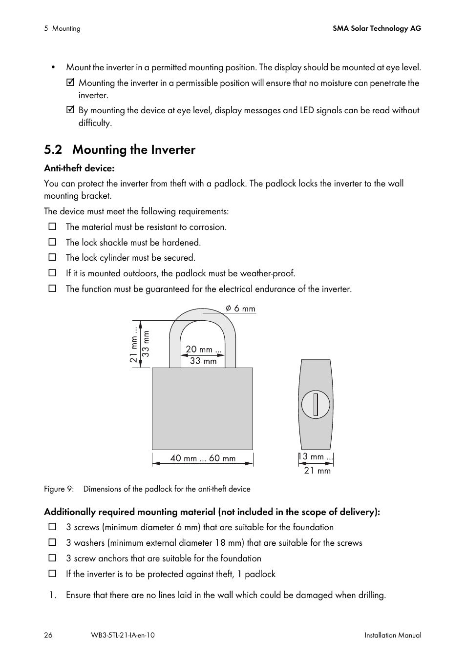 2 mounting the inverter | SMA WB 3000-21 Installation User Manual | Page 26 / 92