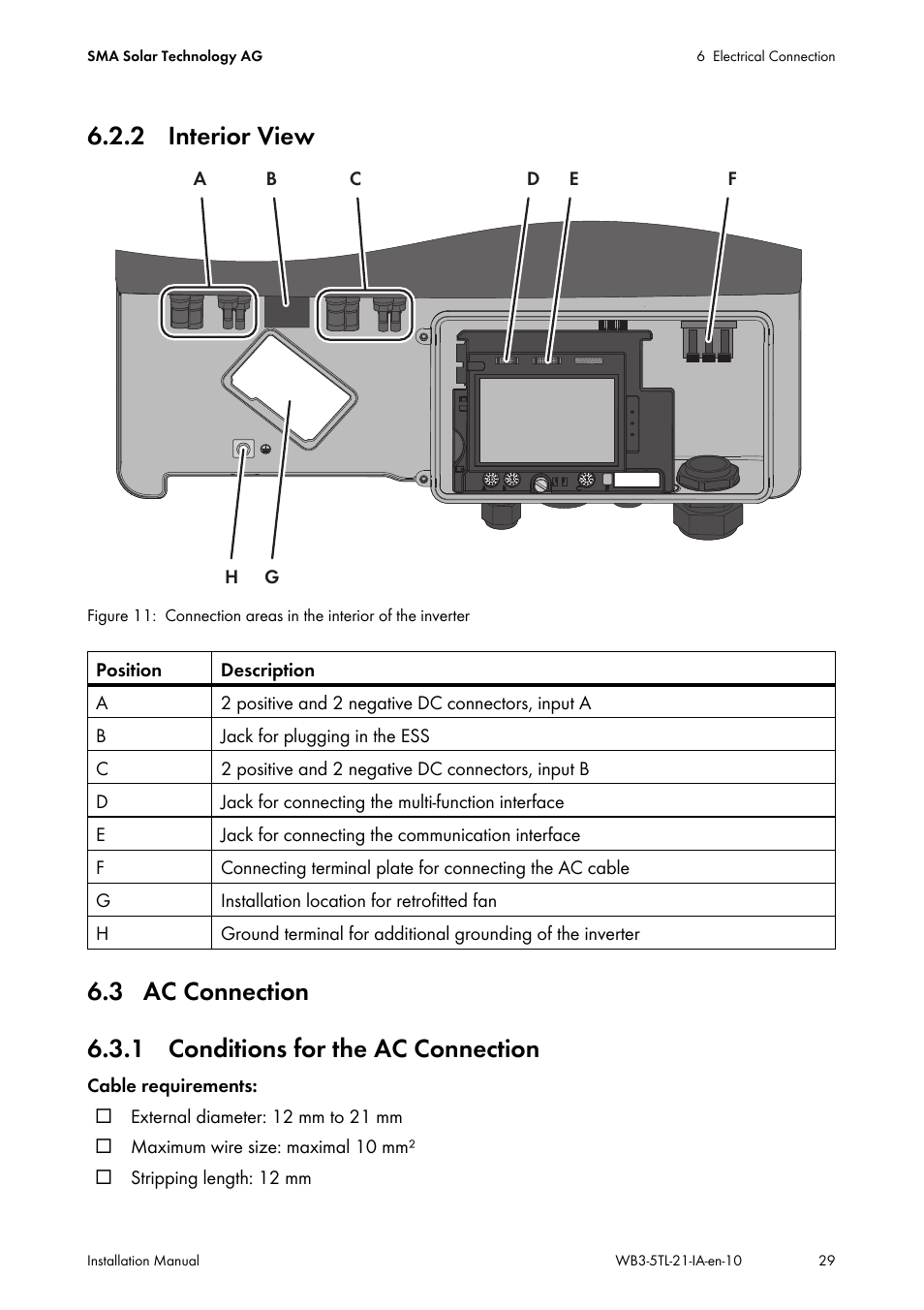 2 interior view, 3 ac connection, 1 conditions for the ac connection | SMA WB 3000-21 Installation User Manual | Page 29 / 92