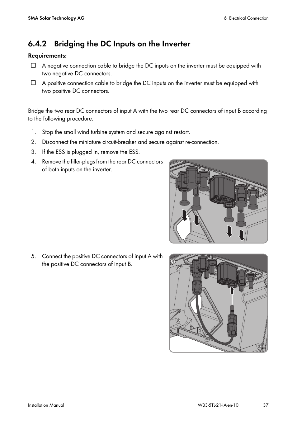 2 bridging the dc inputs on the inverter | SMA WB 3000-21 Installation User Manual | Page 37 / 92