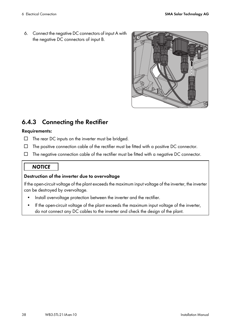 3 connecting the rectifier | SMA WB 3000-21 Installation User Manual | Page 38 / 92