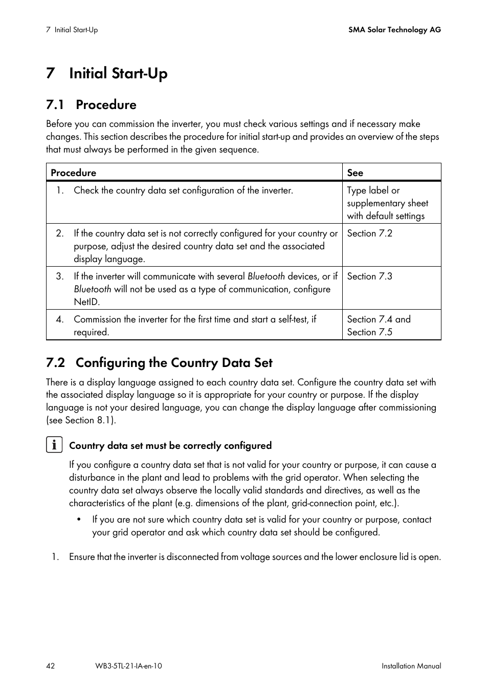 7 initial start-up, 1 procedure, 2 configuring the country data set | 1 procedure 7.2 configuring the country data set | SMA WB 3000-21 Installation User Manual | Page 42 / 92