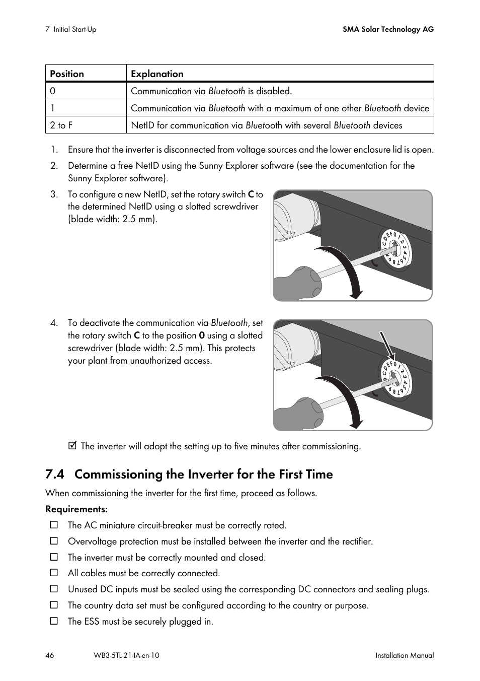 4 commissioning the inverter for the first time, 4 and | SMA WB 3000-21 Installation User Manual | Page 46 / 92
