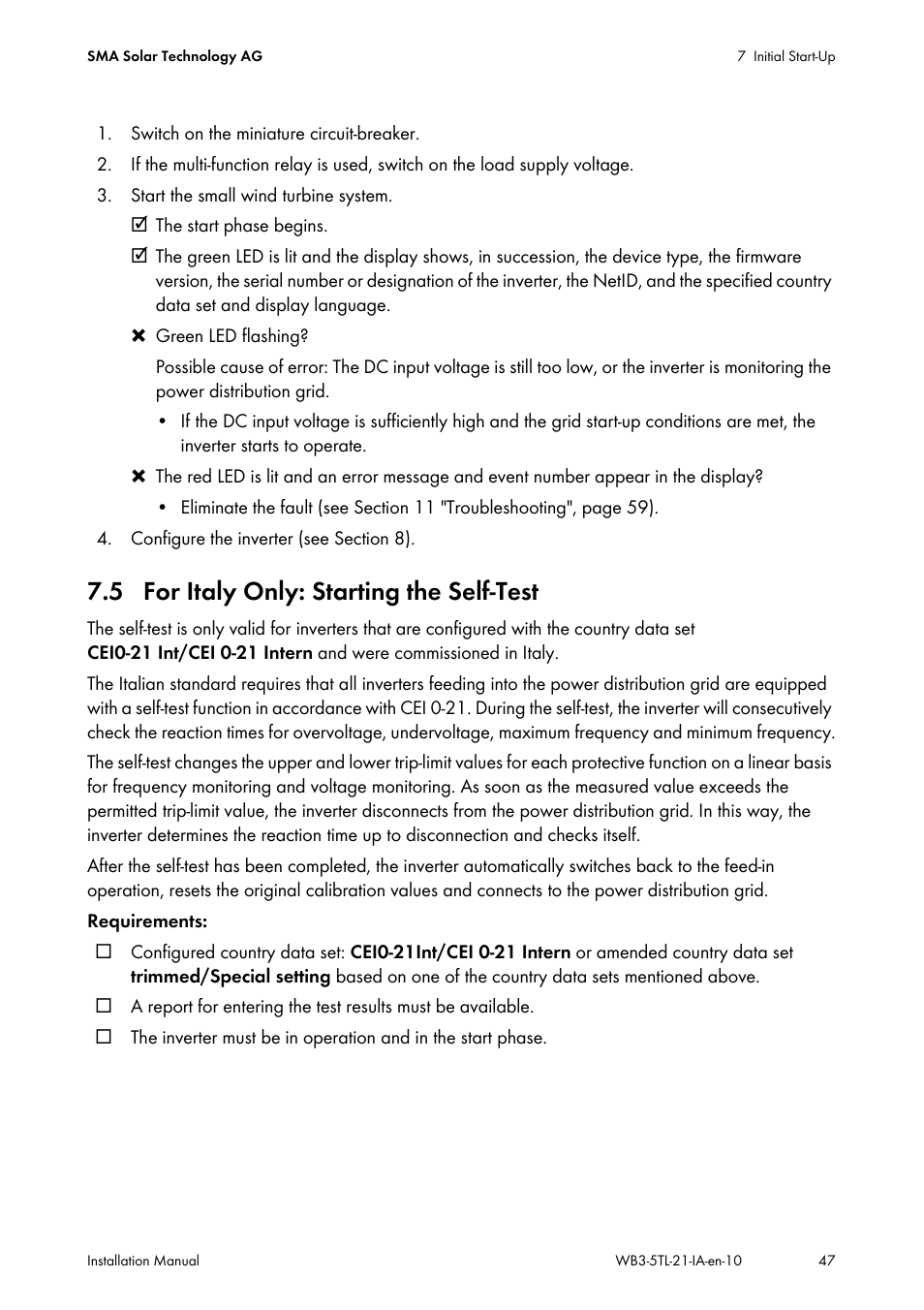 5 for italy only: starting the self-test | SMA WB 3000-21 Installation User Manual | Page 47 / 92