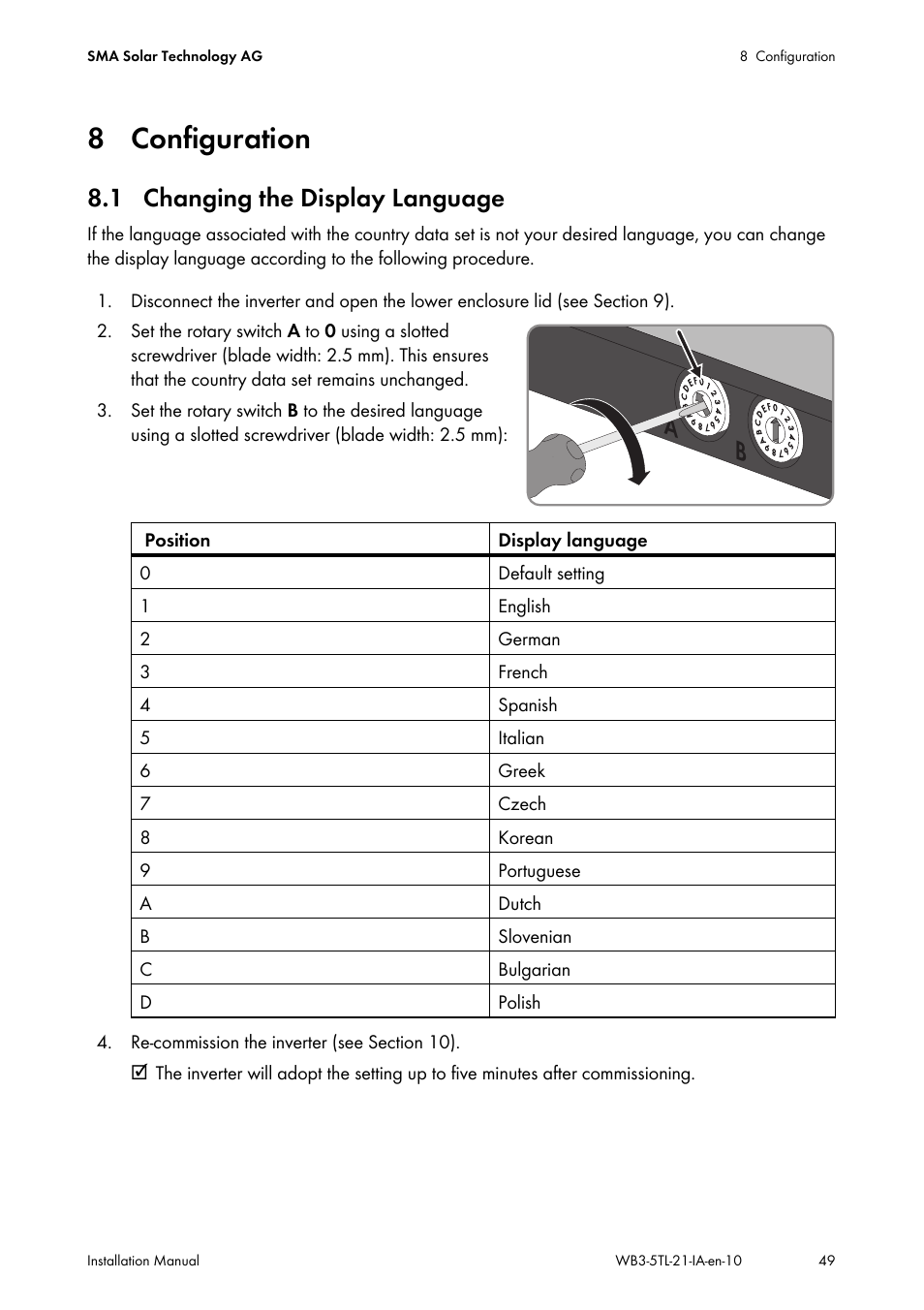 8 configuration, 1 changing the display language, See section 8.1) | SMA WB 3000-21 Installation User Manual | Page 49 / 92