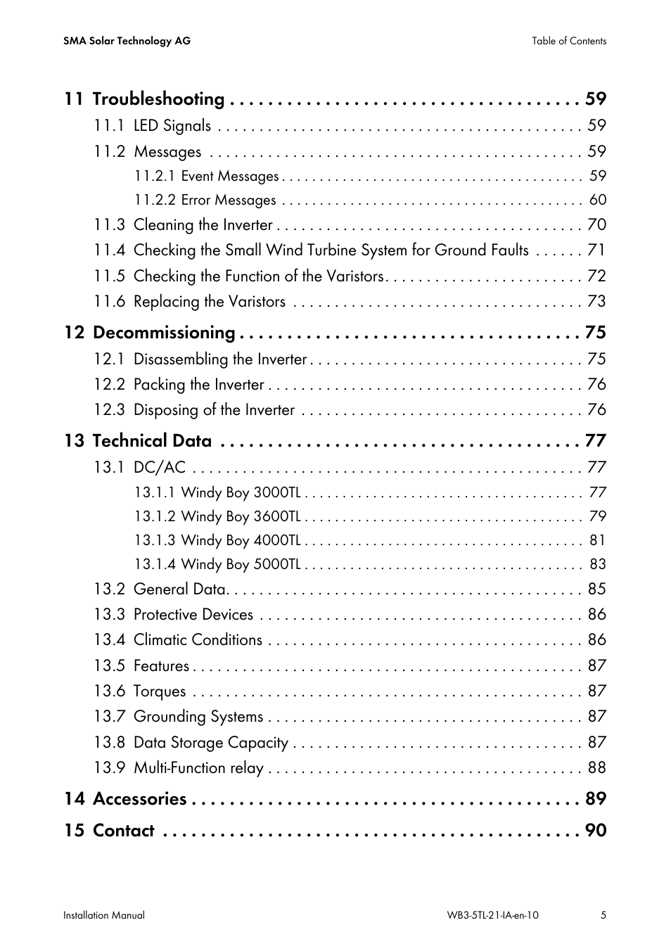 11 troubleshooting, 12 decommissioning, 13 technical data | 14 accessories 15 contact | SMA WB 3000-21 Installation User Manual | Page 5 / 92