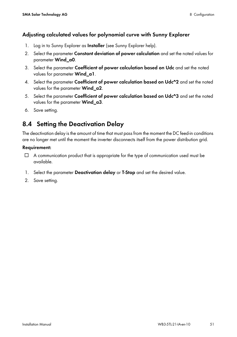 4 setting the deactivation delay | SMA WB 3000-21 Installation User Manual | Page 51 / 92