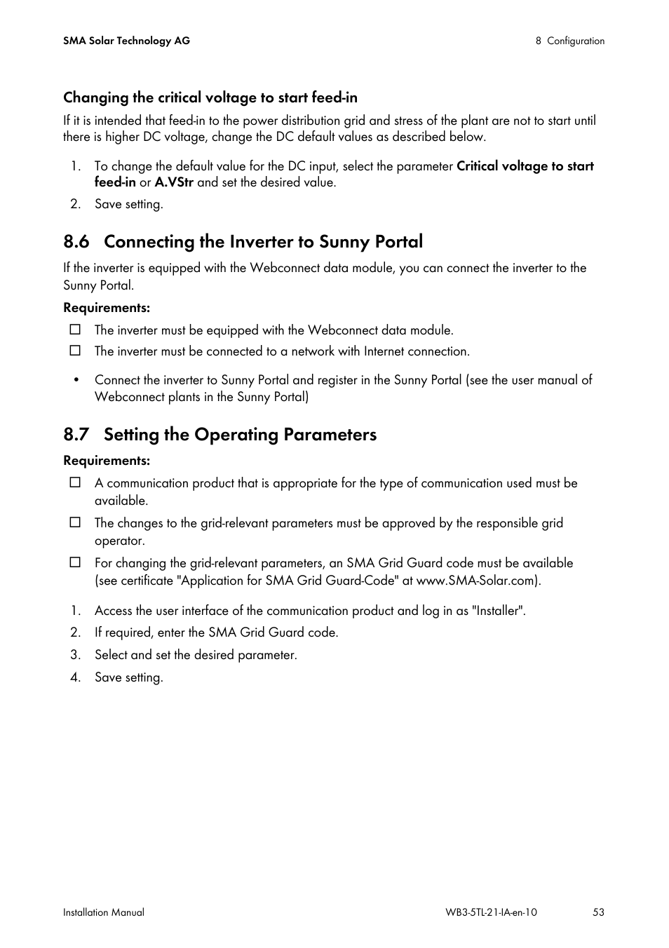6 connecting the inverter to sunny portal, 7 setting the operating parameters | SMA WB 3000-21 Installation User Manual | Page 53 / 92