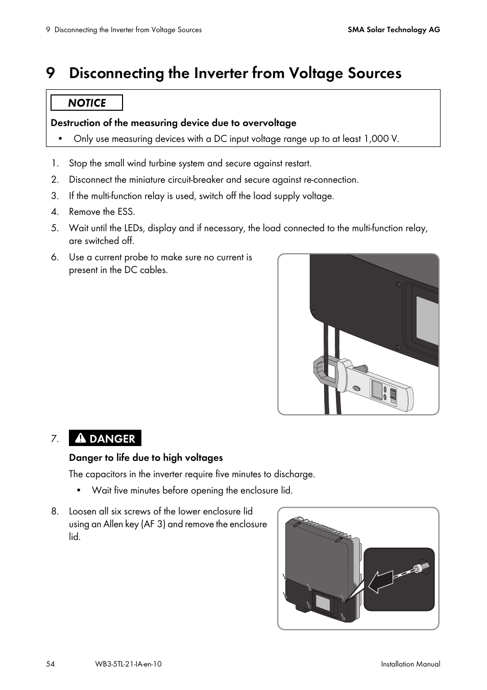 9 disconnecting the inverter from voltage sources | SMA WB 3000-21 Installation User Manual | Page 54 / 92