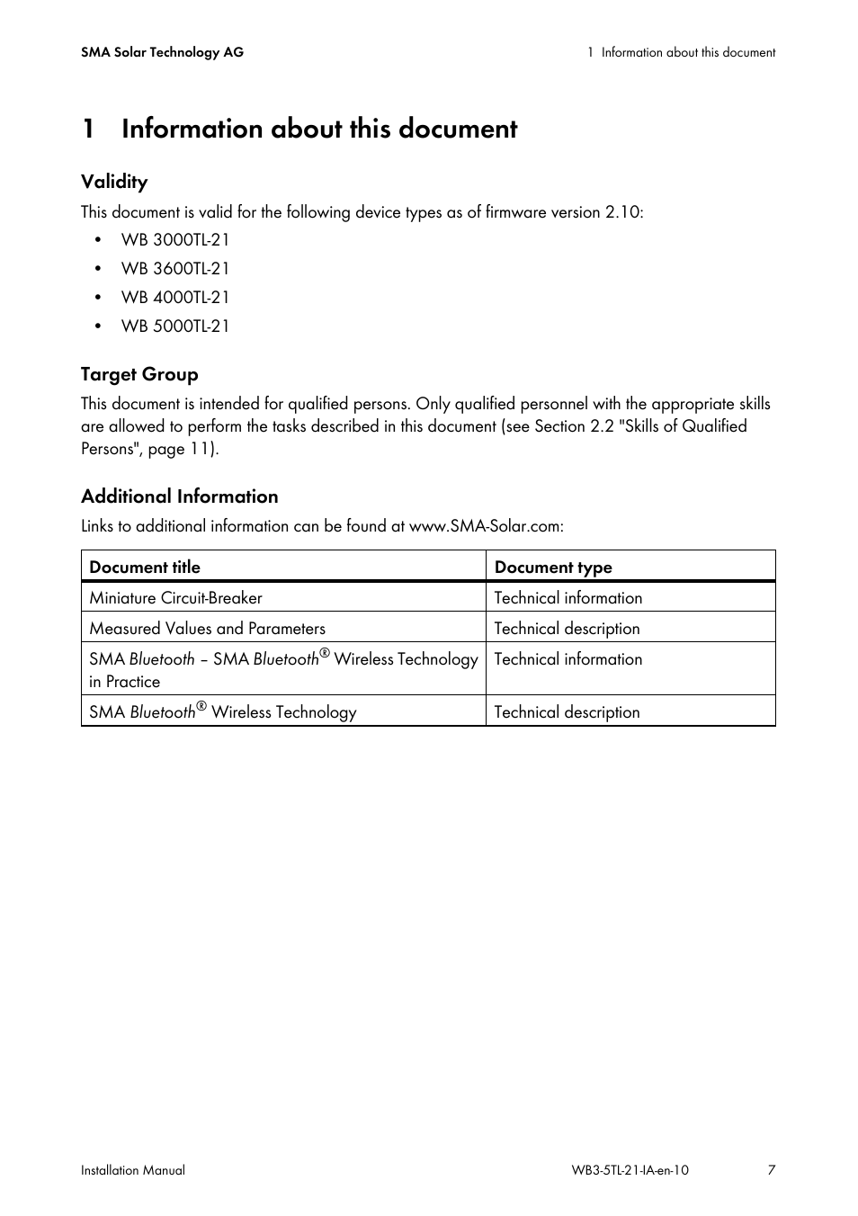 1 information about this document | SMA WB 3000-21 Installation User Manual | Page 7 / 92
