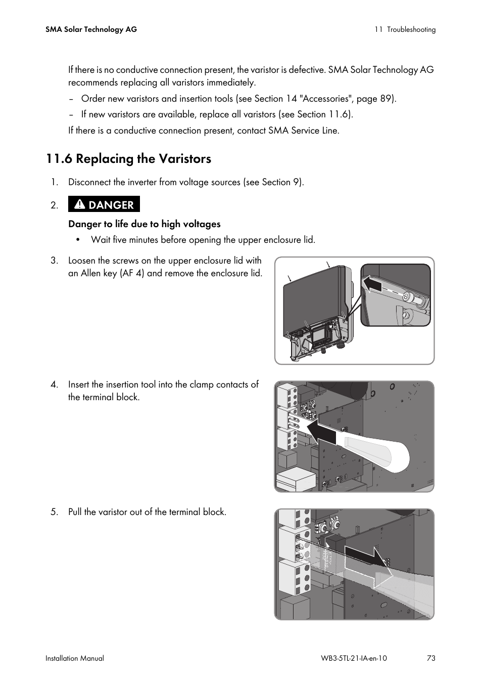 6 replacing the varistors | SMA WB 3000-21 Installation User Manual | Page 73 / 92