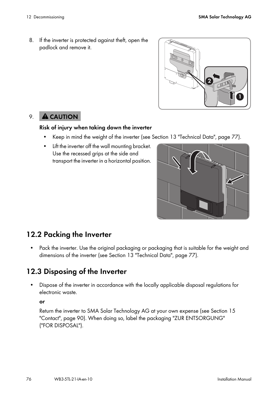 2 packing the inverter, 3 disposing of the inverter | SMA WB 3000-21 Installation User Manual | Page 76 / 92