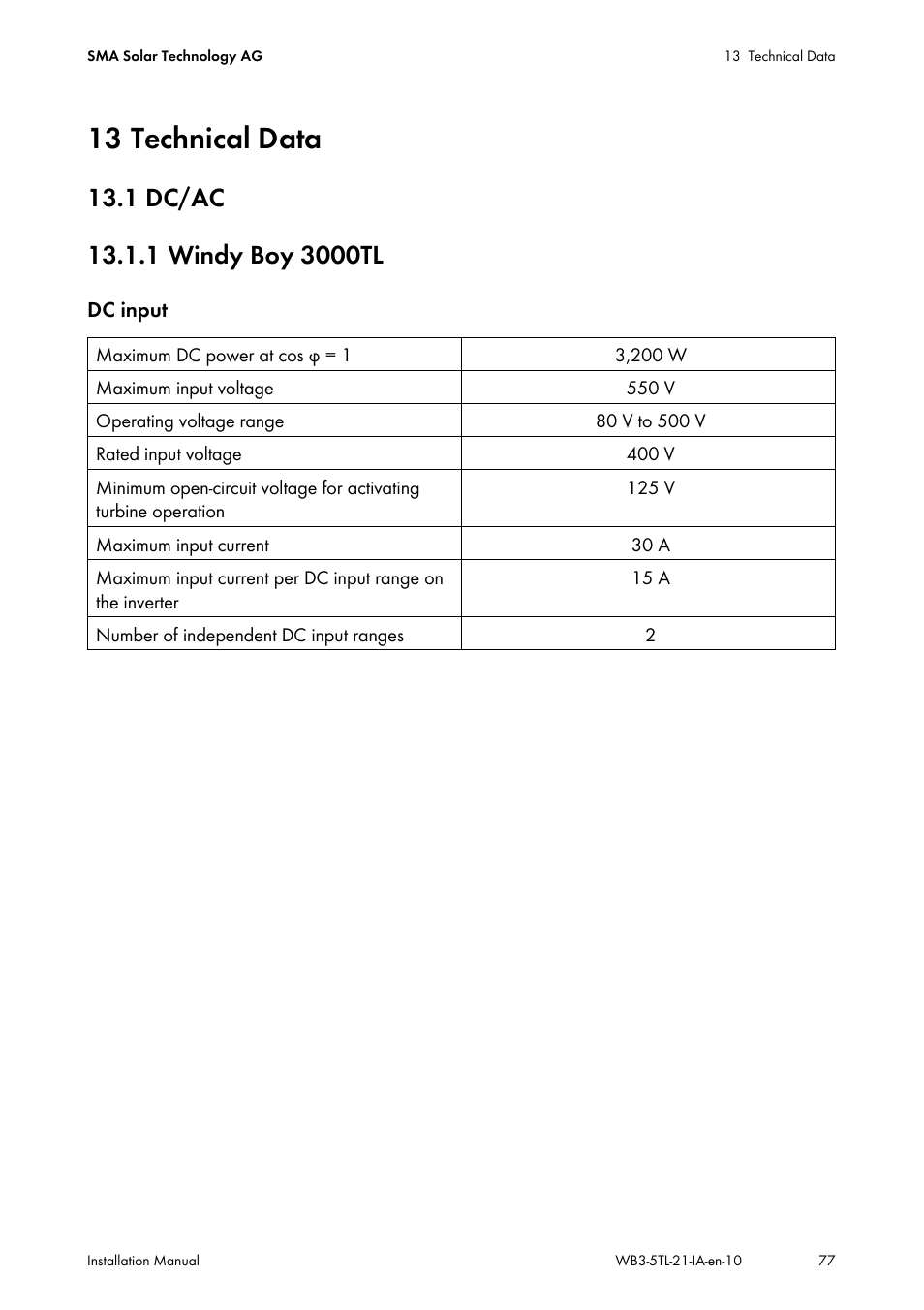 13 technical data, 1 dc/ac, 1 windy boy 3000tl | SMA WB 3000-21 Installation User Manual | Page 77 / 92