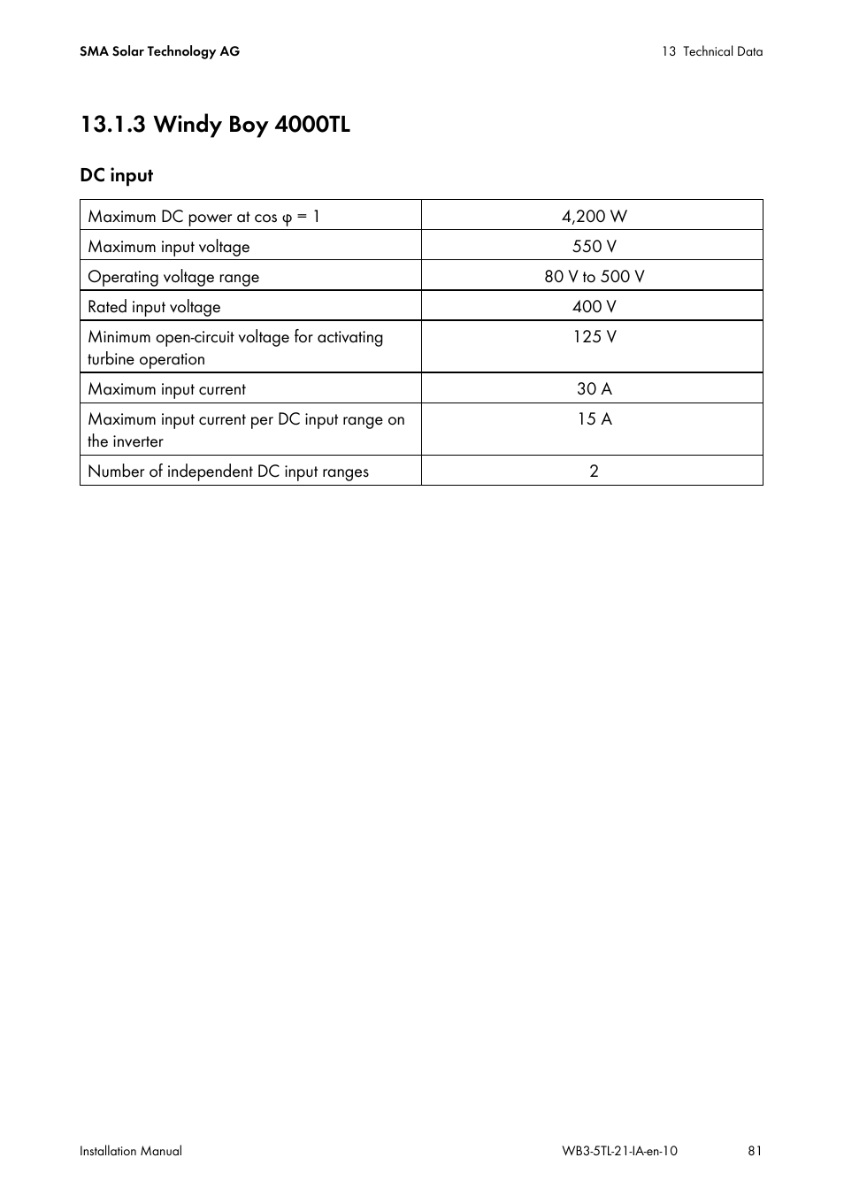 3 windy boy 4000tl | SMA WB 3000-21 Installation User Manual | Page 81 / 92