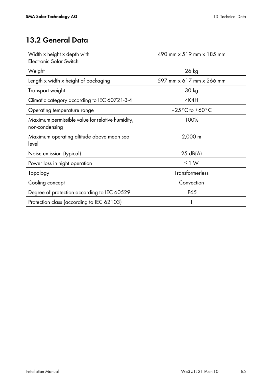 2 general data | SMA WB 3000-21 Installation User Manual | Page 85 / 92