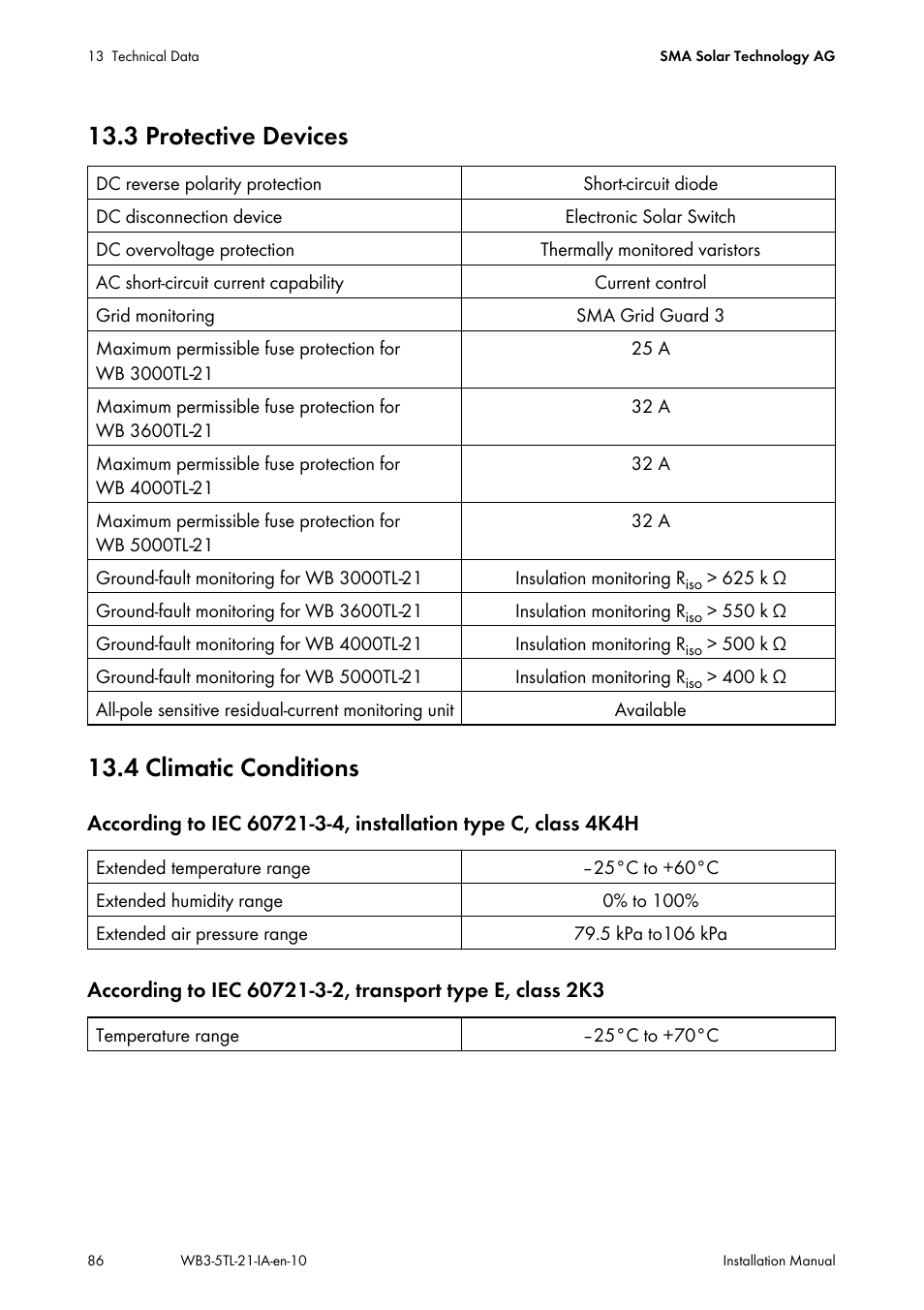3 protective devices, 4 climatic conditions, 3 protective devices 13.4 climatic conditions | SMA WB 3000-21 Installation User Manual | Page 86 / 92