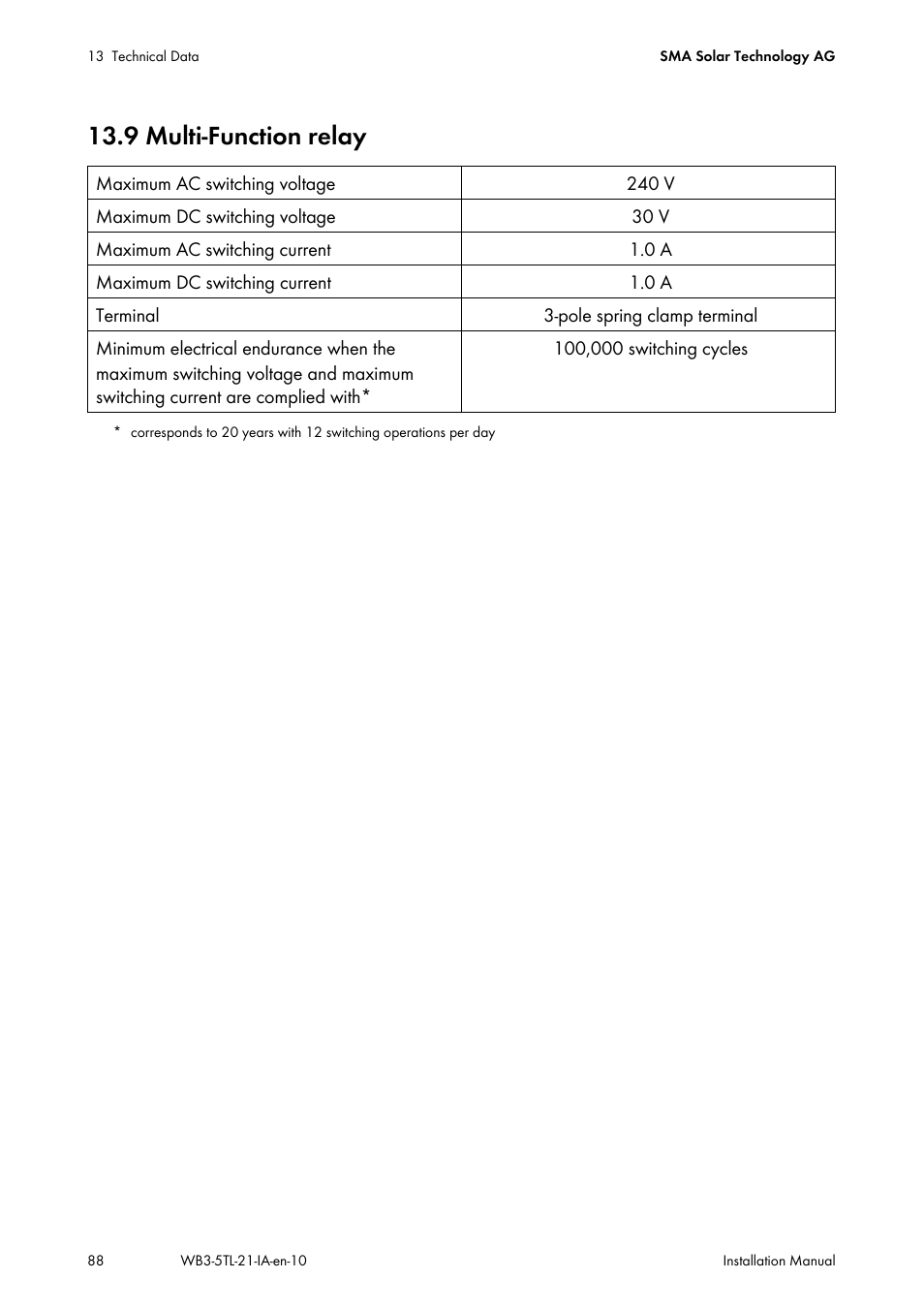 9 multi-function relay | SMA WB 3000-21 Installation User Manual | Page 88 / 92
