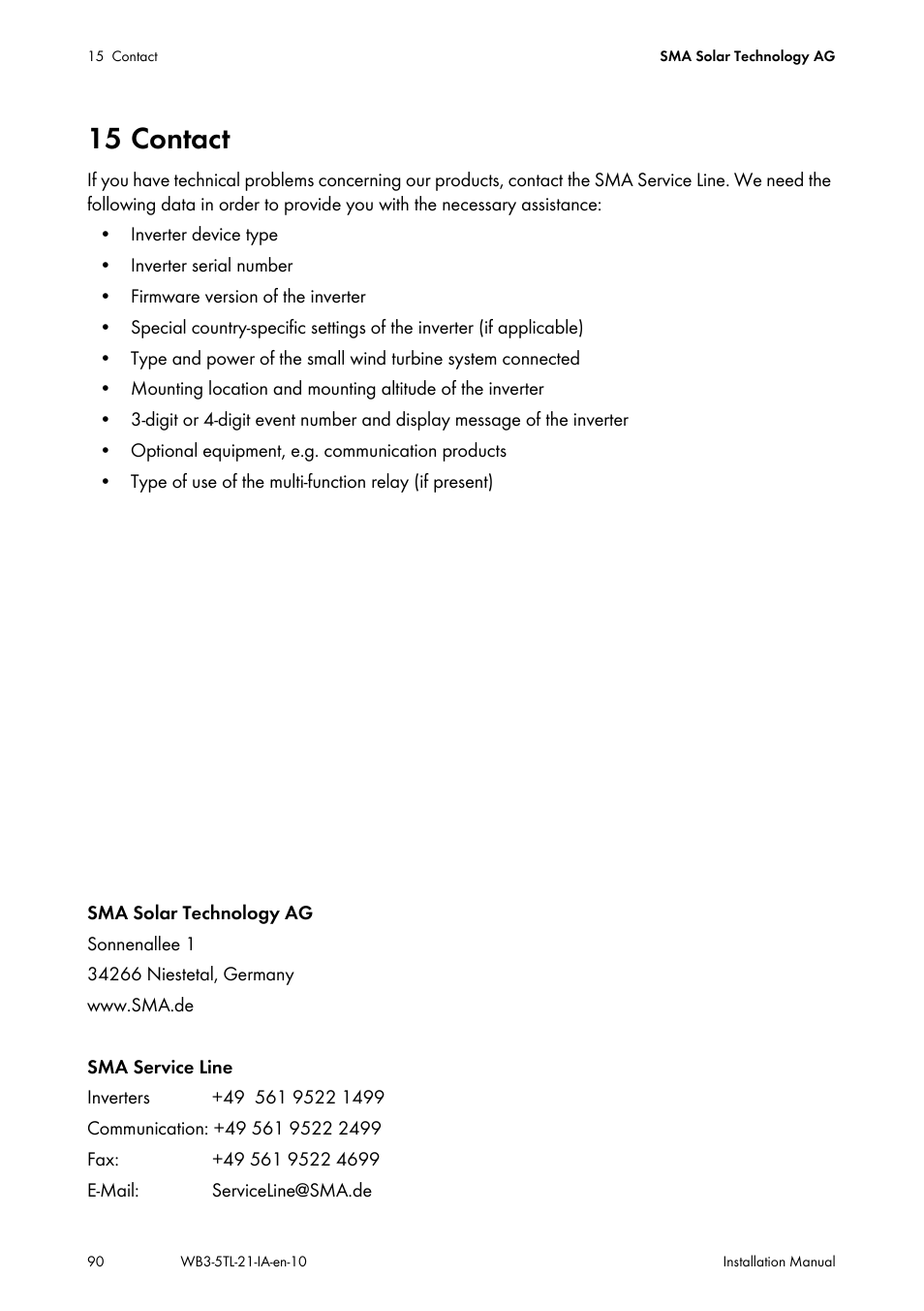 15 contact | SMA WB 3000-21 Installation User Manual | Page 90 / 92