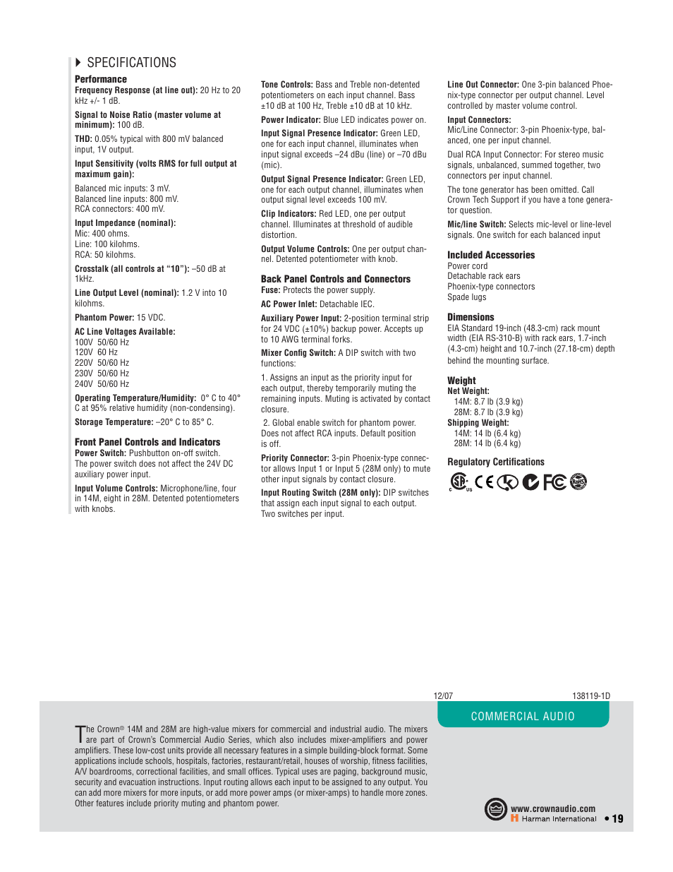 Specifications | Crown Audio I-T6000 User Manual | Page 19 / 83