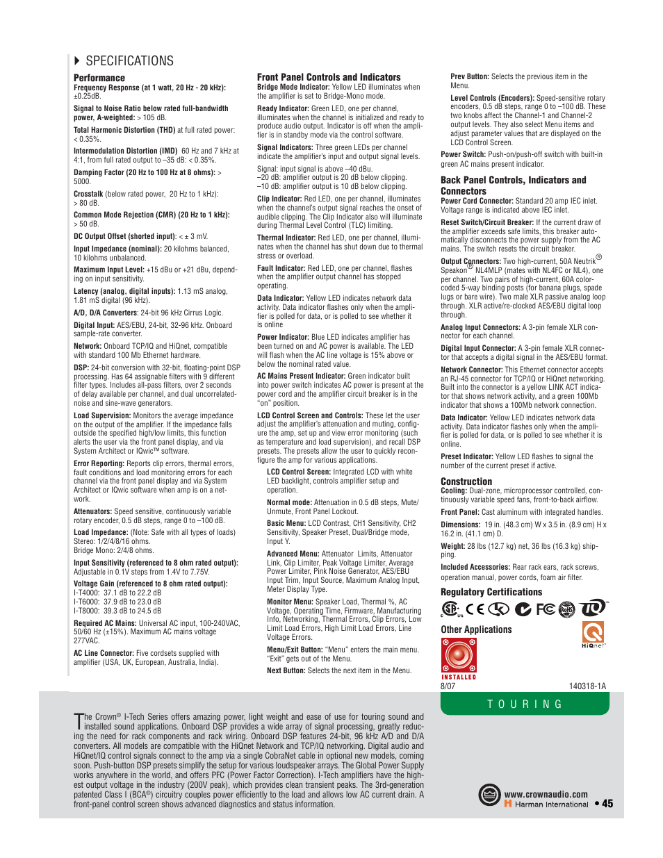 Specifications | Crown Audio I-T6000 User Manual | Page 45 / 83