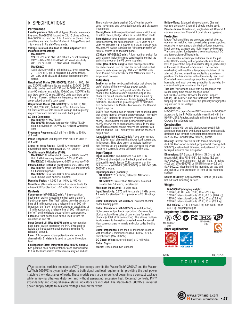 Specifications | Crown Audio I-T6000 User Manual | Page 47 / 83