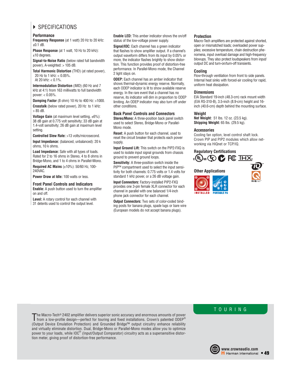 Specifications | Crown Audio I-T6000 User Manual | Page 49 / 83