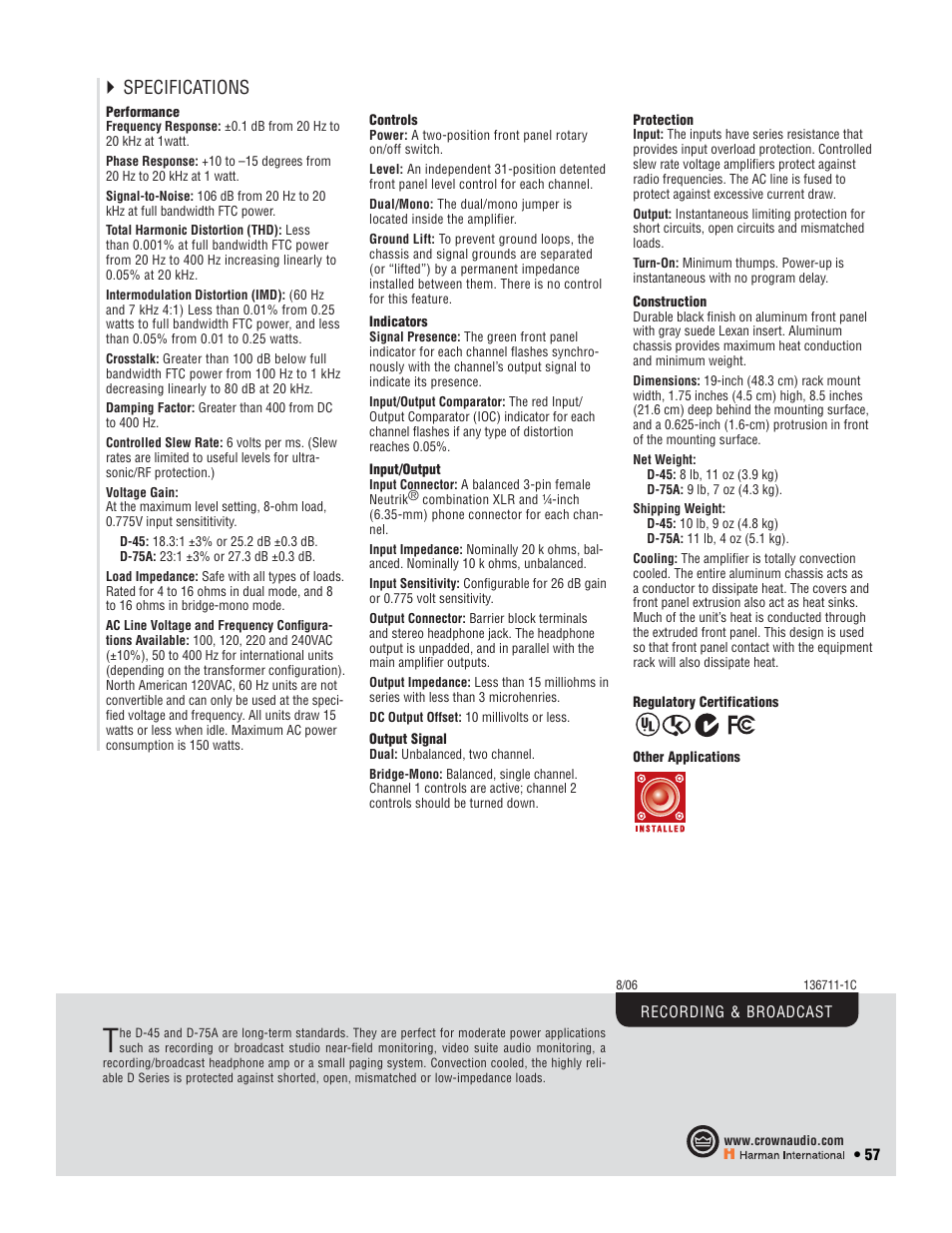 Specifications | Crown Audio I-T6000 User Manual | Page 57 / 83