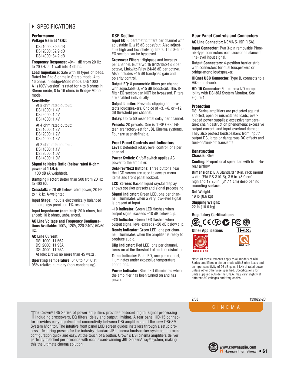 Specifications | Crown Audio I-T6000 User Manual | Page 61 / 83