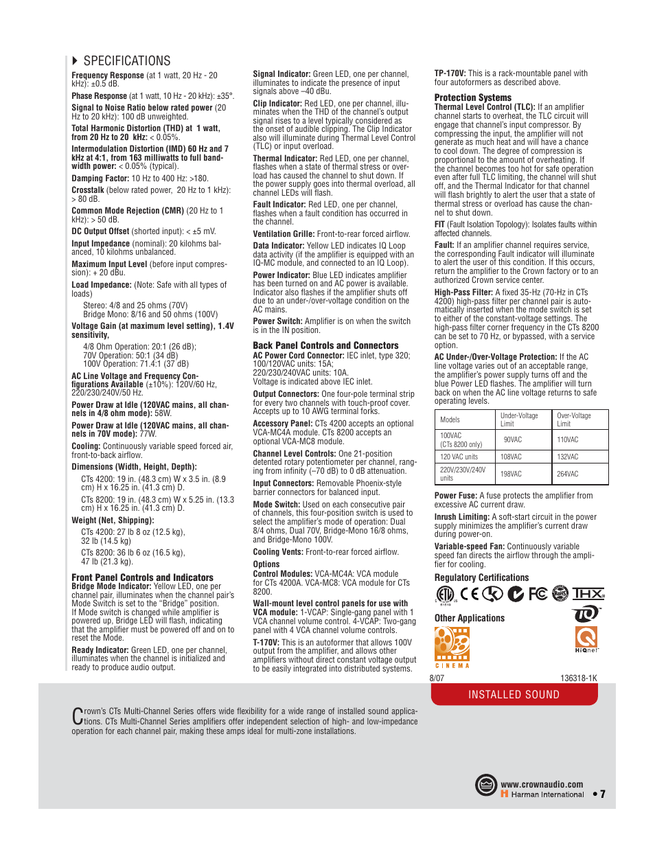 Specifications | Crown Audio I-T6000 User Manual | Page 7 / 83