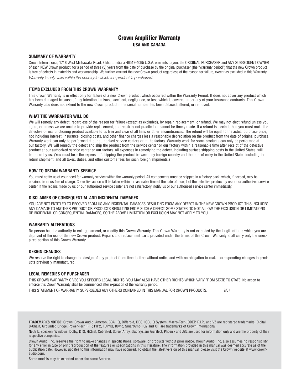 Crown amplifier warranty | Crown Audio I-T6000 User Manual | Page 82 / 83