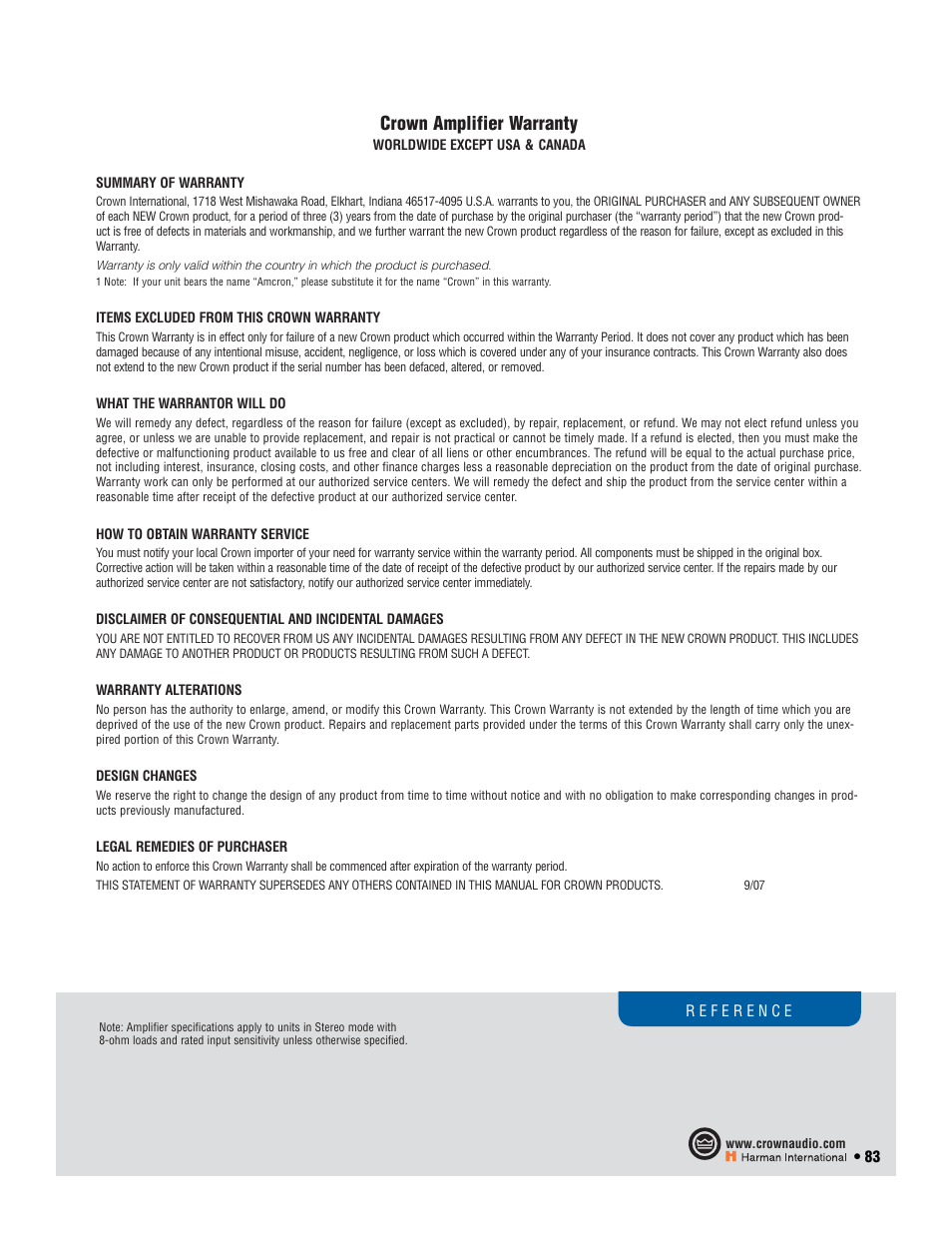 Crown amplifier warranty | Crown Audio I-T6000 User Manual | Page 83 / 83