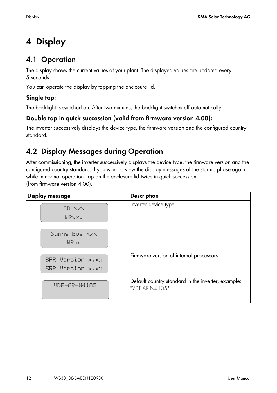 4 display, 1 operation, 2 display messages during operation | Display, Operation, Display messages during operation | SMA WB 3300-11 User Manual | Page 12 / 24