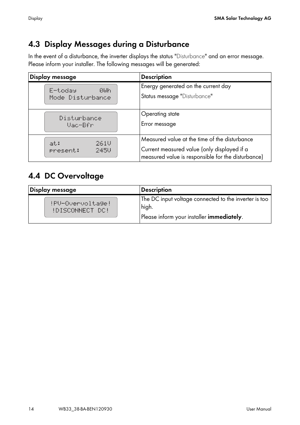 3 display messages during a disturbance, 4 dc overvoltage, Display messages during a disturbance | Dc overvoltage | SMA WB 3300-11 User Manual | Page 14 / 24