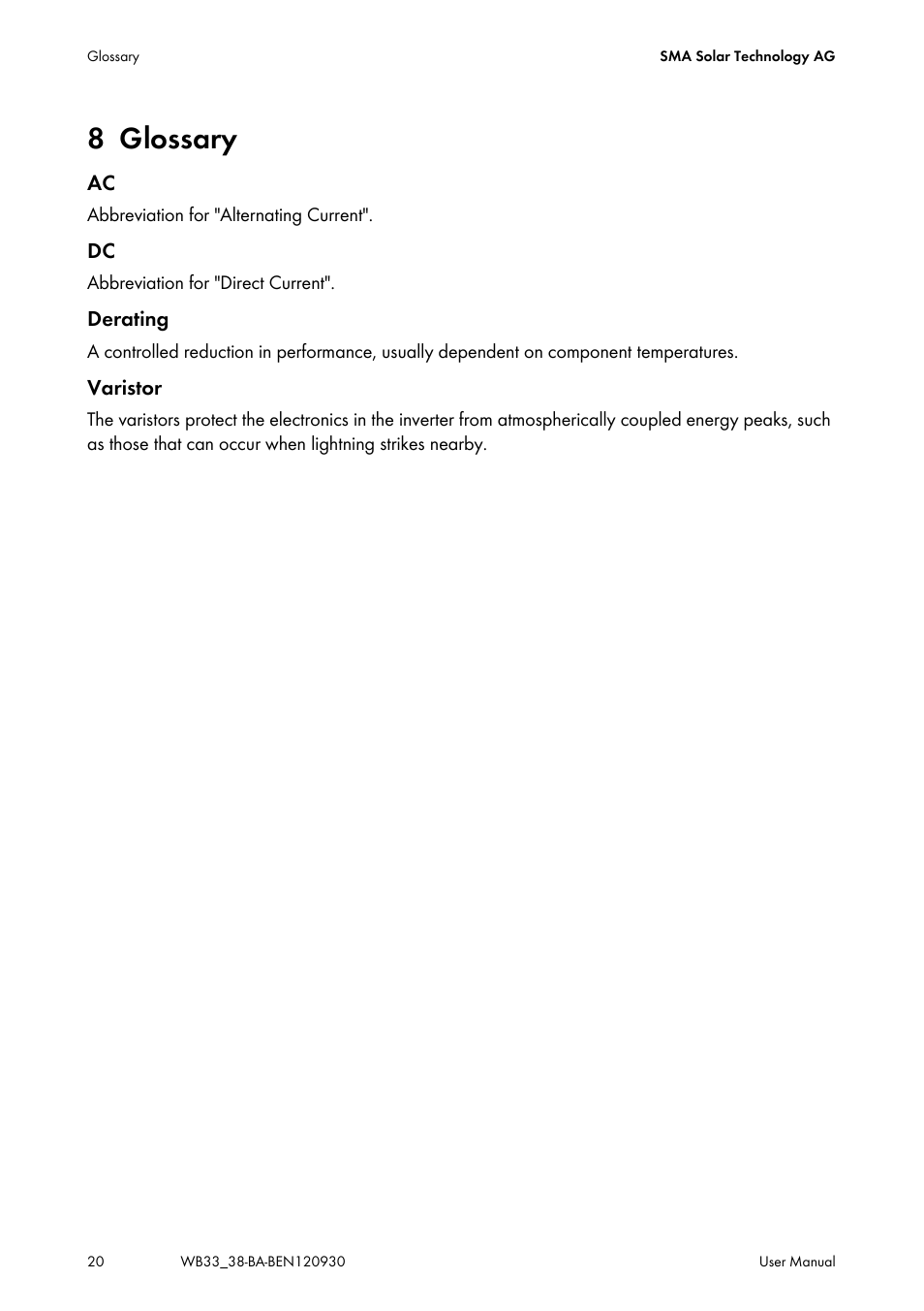 8 glossary, Glossary | SMA WB 3300-11 User Manual | Page 20 / 24