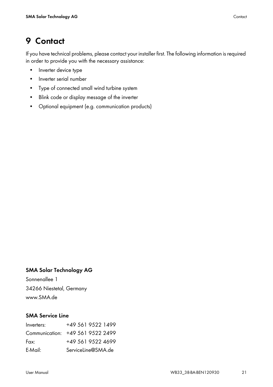 9 contact, Contact | SMA WB 3300-11 User Manual | Page 21 / 24