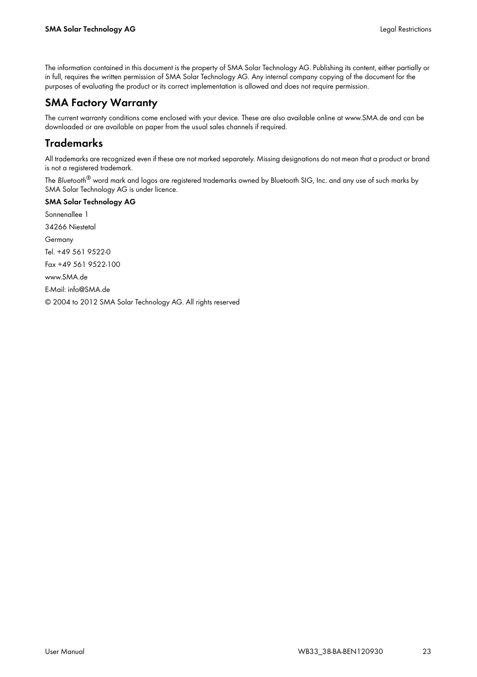 Sma factory warranty, Trademarks | SMA WB 3300-11 User Manual | Page 23 / 24