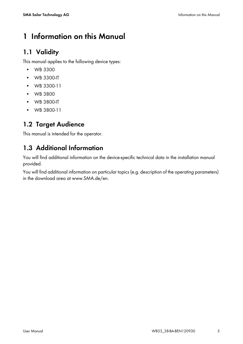 1 information on this manual, 1 validity, 2 target audience | 3 additional information, Information on this manual, Validity, Target audience, Additional information | SMA WB 3300-11 User Manual | Page 5 / 24