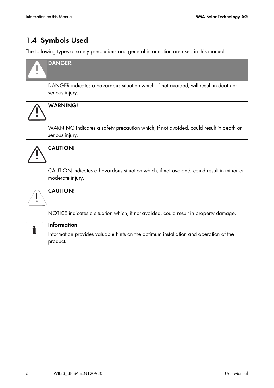 4 symbols used, Symbols used | SMA WB 3300-11 User Manual | Page 6 / 24