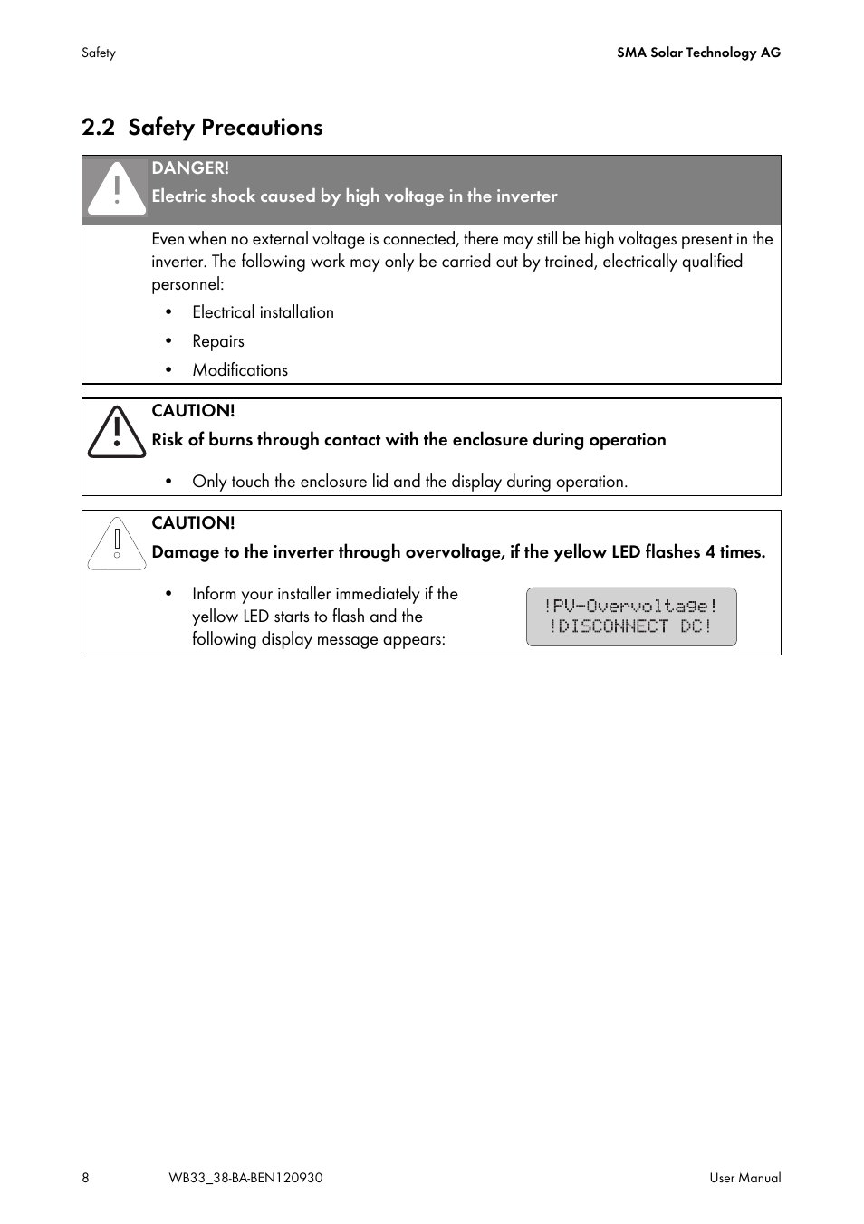 2 safety precautions, Safety precautions | SMA WB 3300-11 User Manual | Page 8 / 24