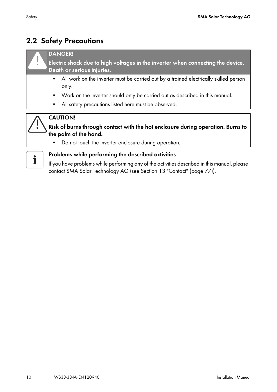 2 safety precautions, Safety precautions | SMA WB 3300-11 Installation User Manual | Page 10 / 80