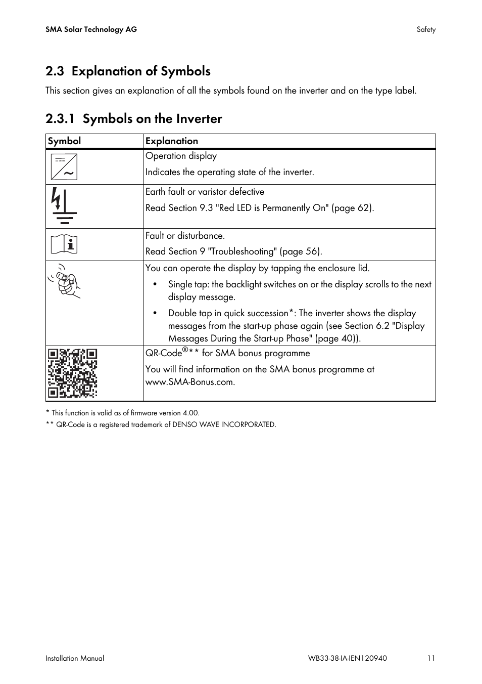 3 explanation of symbols, 1 symbols on the inverter, Explanation of symbols | Symbols on the inverter | SMA WB 3300-11 Installation User Manual | Page 11 / 80