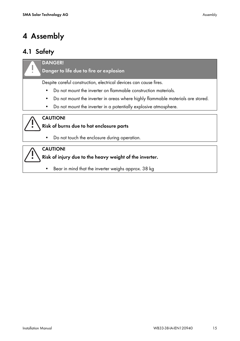 4 assembly, 1 safety, Assembly | Safety | SMA WB 3300-11 Installation User Manual | Page 15 / 80