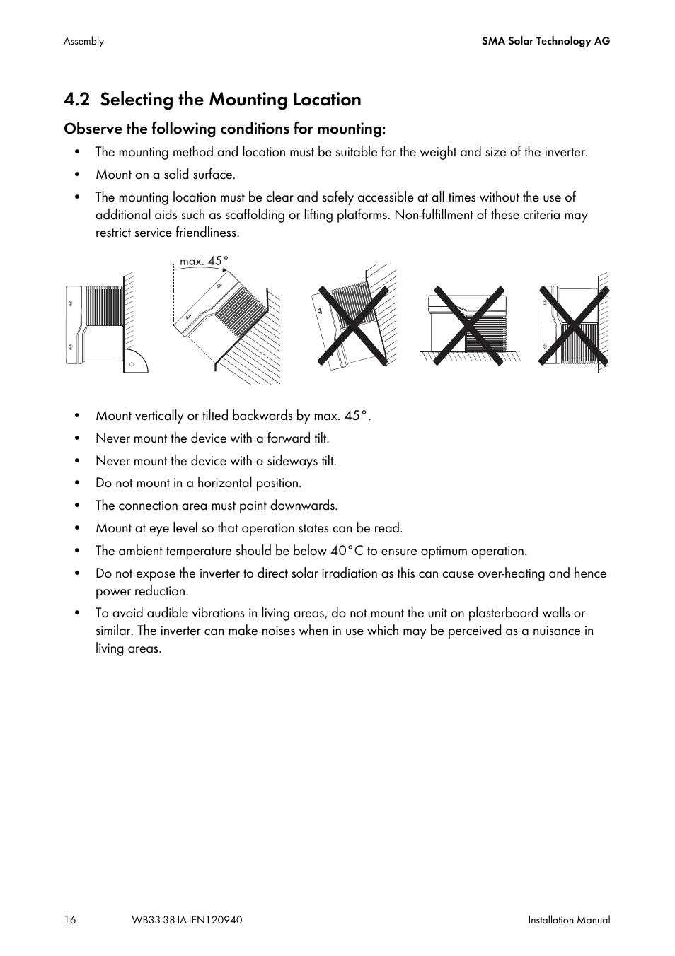 2 selecting the mounting location, Selecting the mounting location | SMA WB 3300-11 Installation User Manual | Page 16 / 80