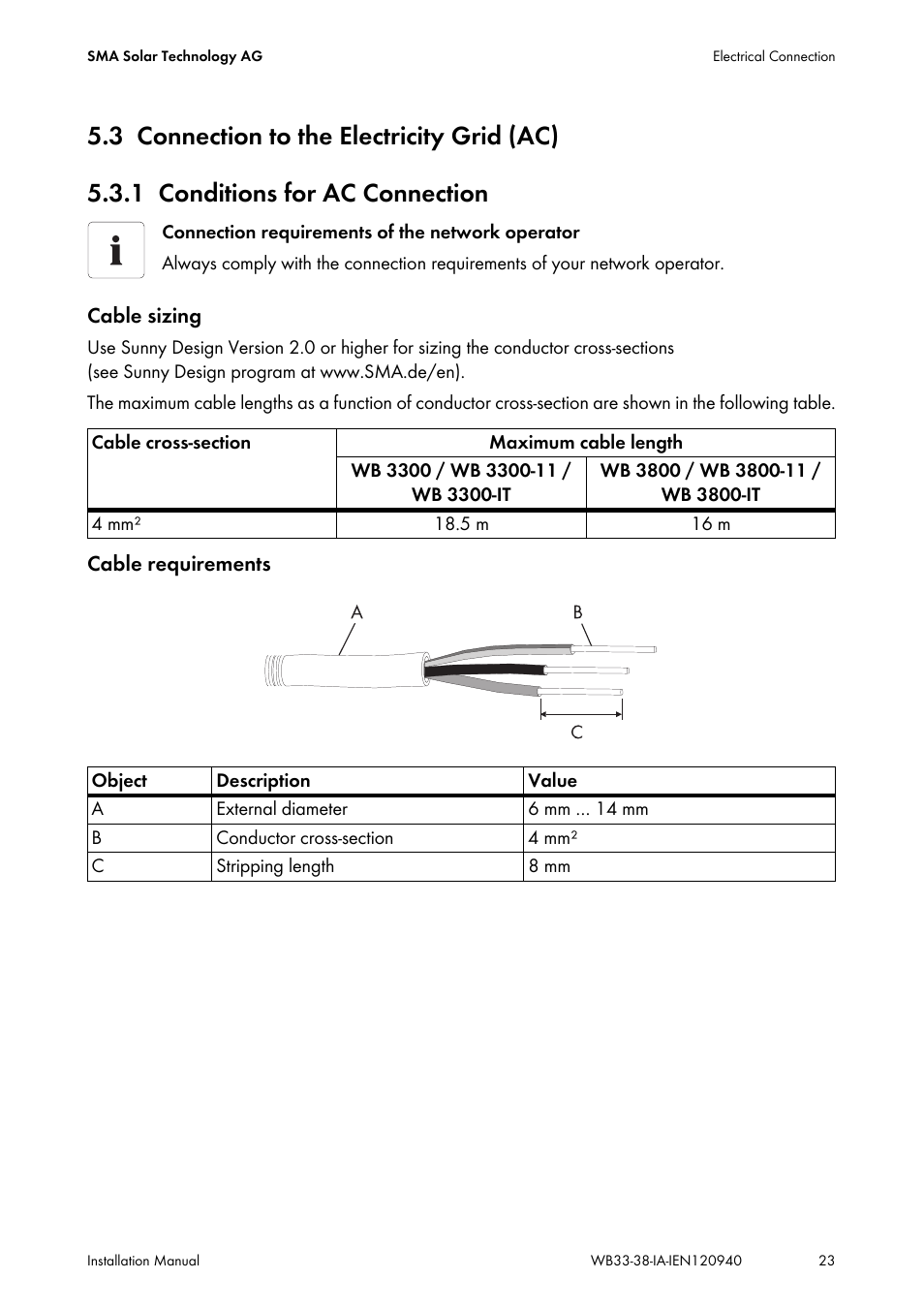3 connection to the electricity grid (ac), 1 conditions for ac connection, Connection to the electricity grid (ac) | Conditions for ac connection | SMA WB 3300-11 Installation User Manual | Page 23 / 80