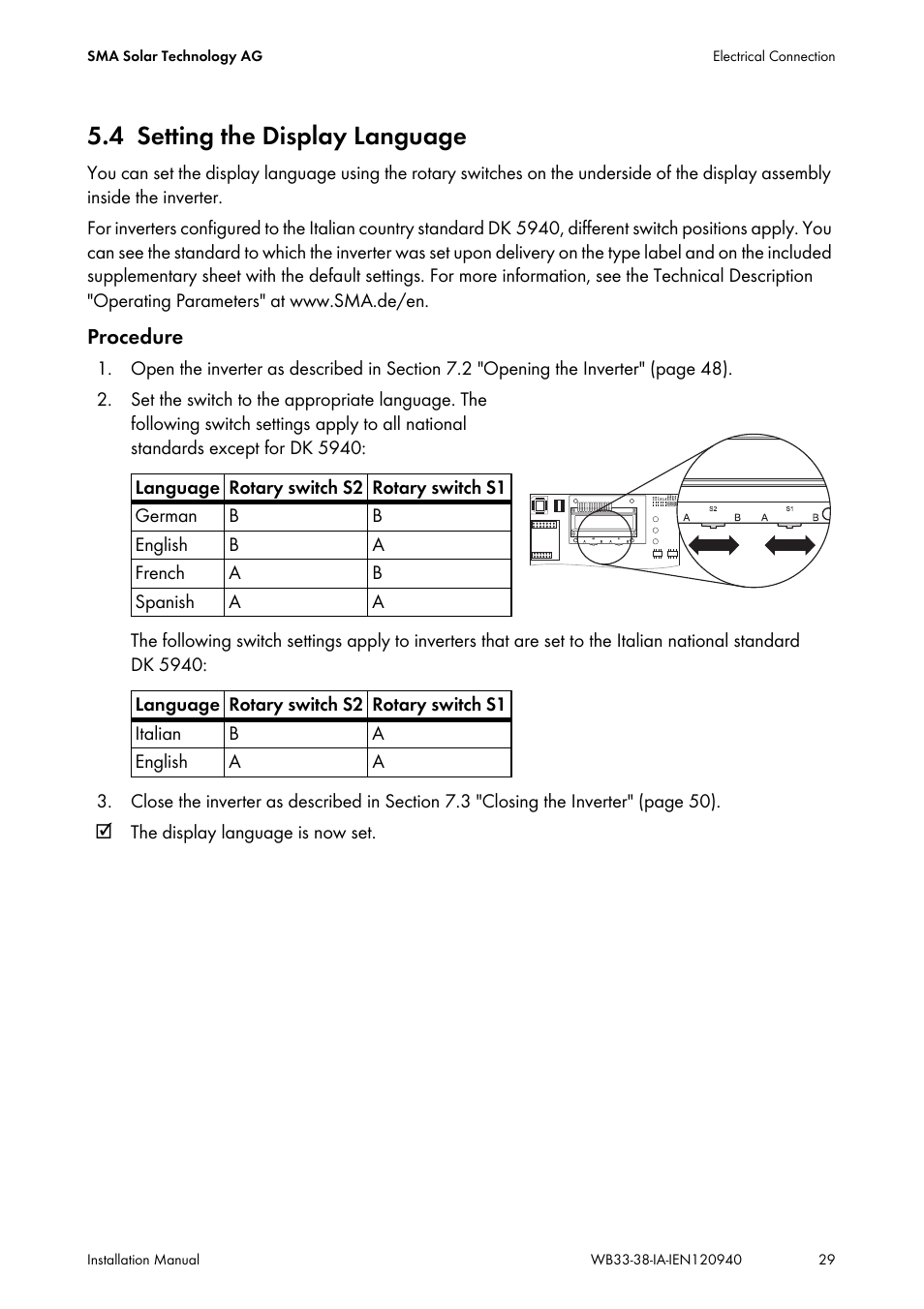 4 setting the display language, Setting the display language | SMA WB 3300-11 Installation User Manual | Page 29 / 80